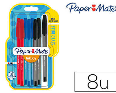 stylo-bille-paper-mate-inkjoy-100-acriture-moyenne-0-5mm-ultra-douce-rasiste-bavures-assortis-blister-8-unitas