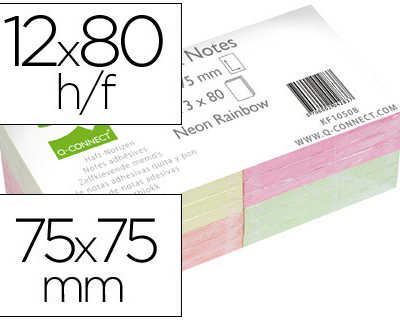 bloc-notes-q-connect-quick-not-es-couleurs-naon-rainbow-75x75mm-80f-repositionnables-rose-orange-vert-jaune-12-blocs