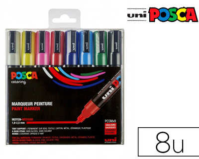 marqueur-posca-pc5m-gouache-en-cre-inodore-toutes-surfaces-pointe-moyenne-conique-coloris-assortis-atui-8-unitas