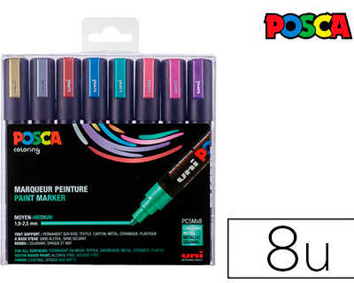 marqueur-posca-pc5m-gouache-en-cre-inodore-toutes-surfaces-pointe-moyenne-conique-coloris-matallisas-8-unitas