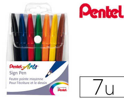 stylo-feutre-pentel-sign-pen-a-criture-large-0-8mm-pointe-fibre-acrylique-encre-soluble-eau-pochette-7-couleurs-assortie