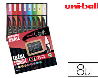 marqueur-uniball-craie-chalk-m-arker-pointe-fine-2-3mm-craie-liquide-couleur-lumineuse-pochette-8-unitas