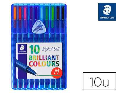 stylo-bille-staedtler-triplus-ball-437-m-pointe-matal-moyenne-0-45mm-encre-infalsifiable-atui-chevalet-10-assortis