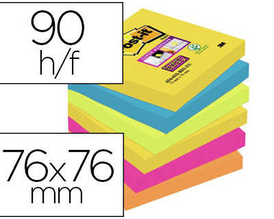 bloc-notes-post-it-super-stick-y-couleurs-rio-76x76mm-90f-jaune-naon-bleu-mer-vert-naon-fuchsia-orange-naon-6-blocs