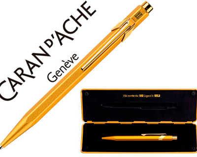 stylo-bille-caran-d-ache-849-g-oldbar-original-3-microns-or-bouton-poussoir-corps-or-encre-bleue-pointe-moyenne-tui