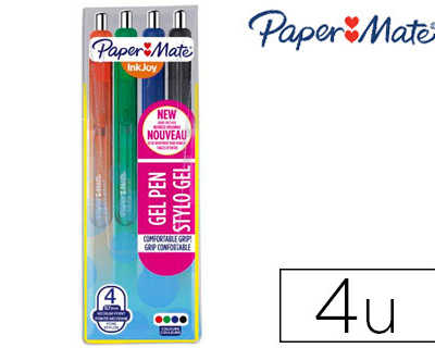 stylo-bille-paper-mate-inkjoy-gel-ratractable-acriture-moyenne-0-7mm-encre-douce-grip-coloris-assortis-pochette-4-unitas