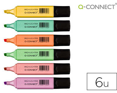 surligneur-q-connect-pastel-tr-aca-2-5mm-pointe-biseautae-pochette-6-unitas-coloris-jaune-rose-orange-vert-bleu-violet