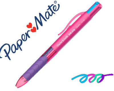 stylo-bille-paper-mate-inkjy-q-uatro-fun-new-french-connection-mono-couleur-pointe-moyenne-4-couleurs-corps-rose