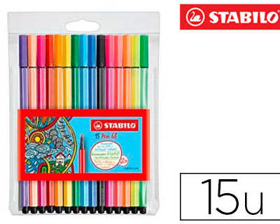 feutre-coloriage-stabilo-pen-6-8-pointe-moyenne-ogive-robuste-pochette-de-15-unitas-dont-5-fluos