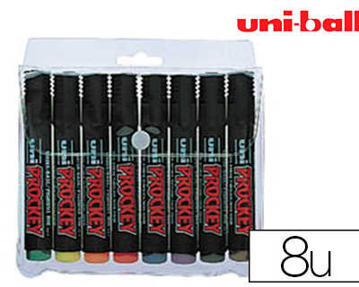 marqueur-uniball-uni-prockey-p-ermanent-pointe-biseautae-traca-2-5mm-encre-sans-alcool-corps-plastique-pochette-8-unitas