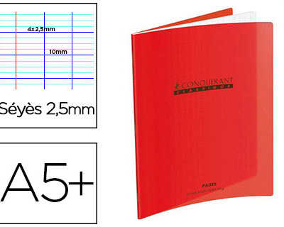 cahier-d-acriture-conquarant-c-lassique-couverture-polypropylene-rigide-17x22cm-32-pages-90g-sayes-2-5mm-coloris-rouge