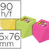 BLOC-NOTES POST-IT SUPER STICKY 76X76MM 90F ADHÉSIF RENFORCÉ COLORIS VERT ROSE JAUNE LOT 15 UNITÉS + 3 GRATUITES