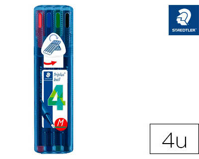 stylo-bille-staedtler-triplus-ball-437-m-pointe-matal-moyenne-0-45mm-encre-infalsifiable-atui-chevalet-4-assortis