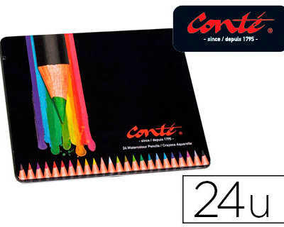 crayon-couleur-conta-aquarella-ble-corps-noir-pinceau-inclus-couleurs-assorties-bo-te-matal-24-unitas